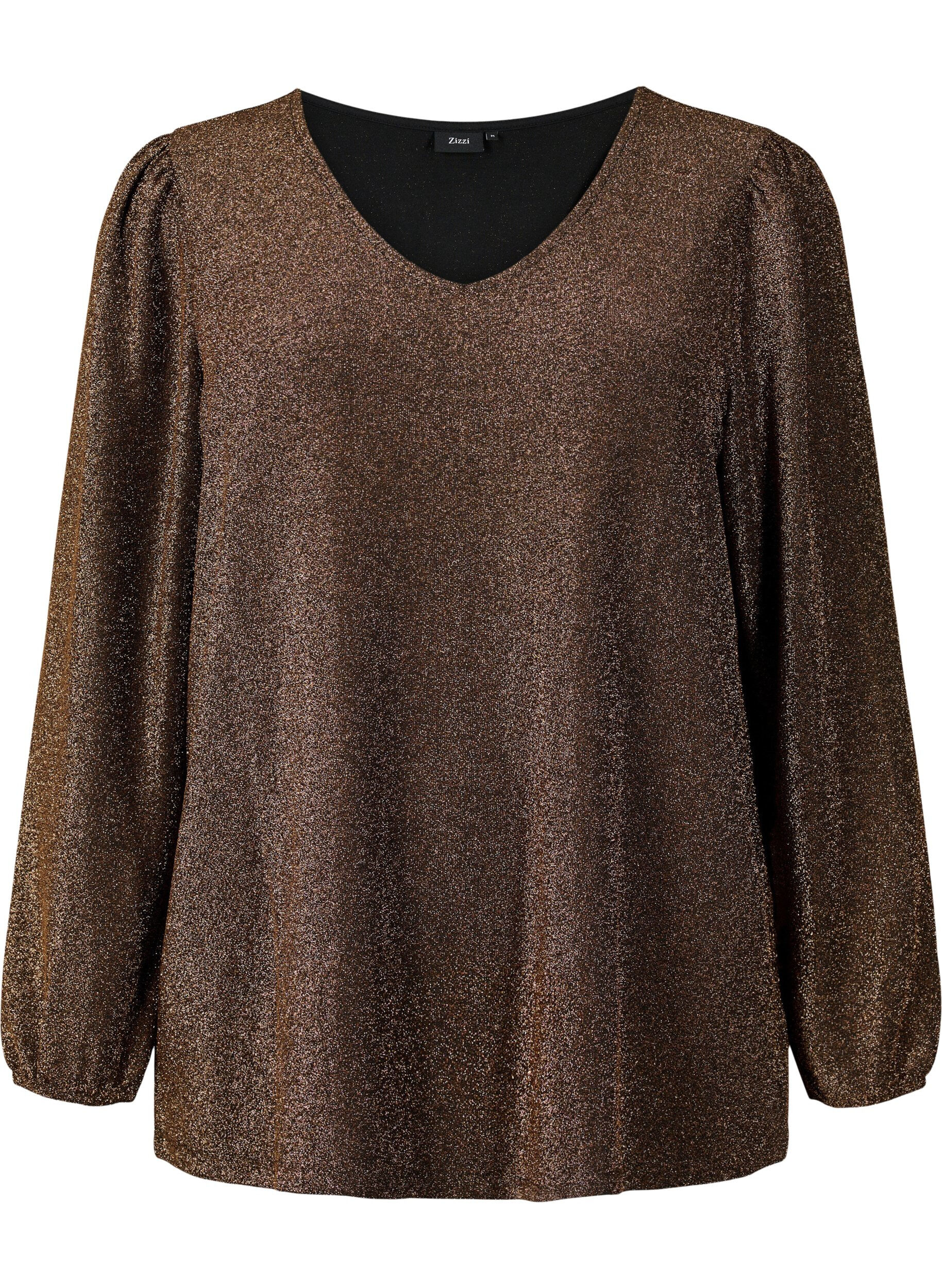 Zizzi Glitzerbluse mit Puff&auml;rmeln, Black Copper, Packshot image number 0