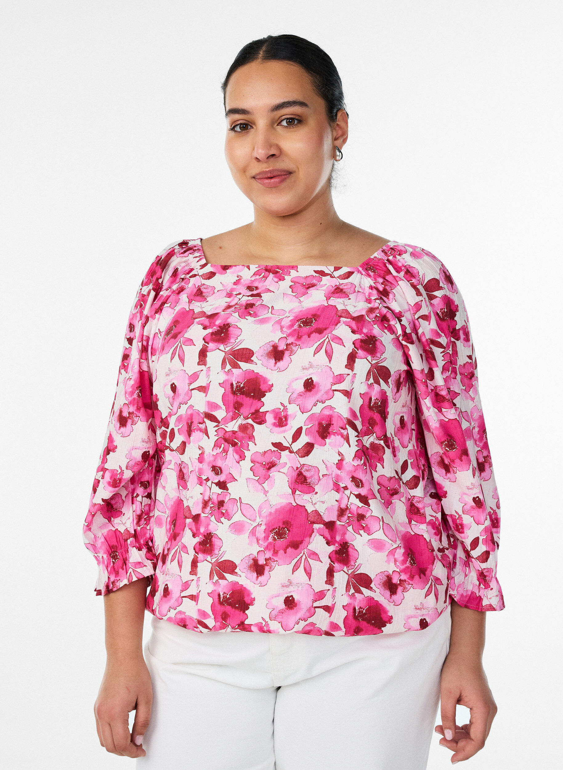 Viskosebluse mit eckigem Ausschnitt und 3/4-&Auml;rmeln, Pink, Model