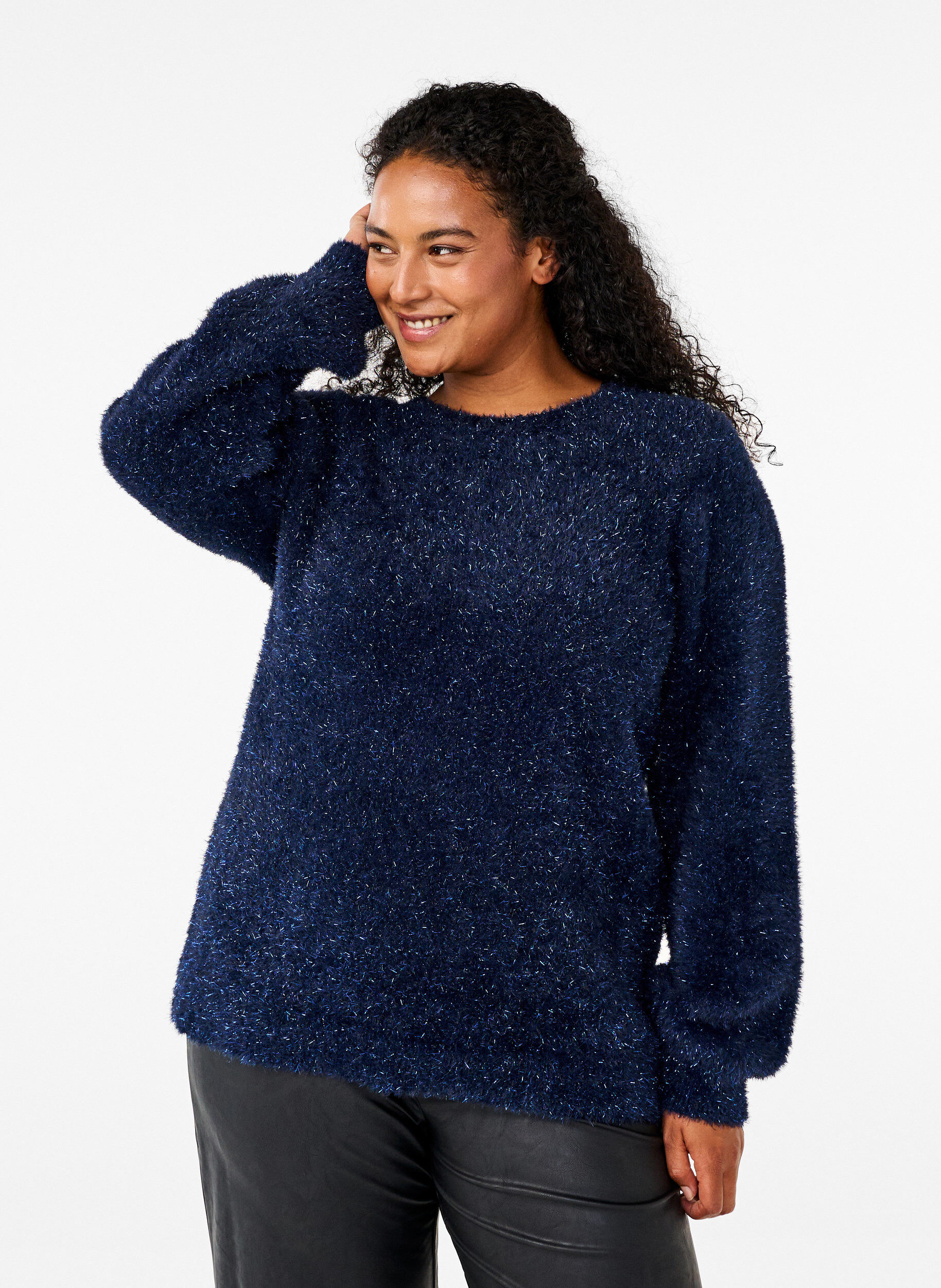 Zizzi Strickbluse mit Glitzerfaden, Blau, Model image number 0