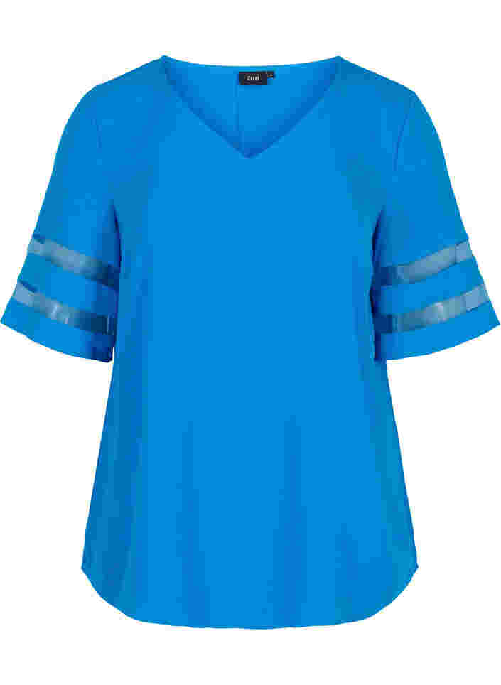 Kurzarm Bluse mit V-Ausschnitt, Princess Blue, Packshot image number 0