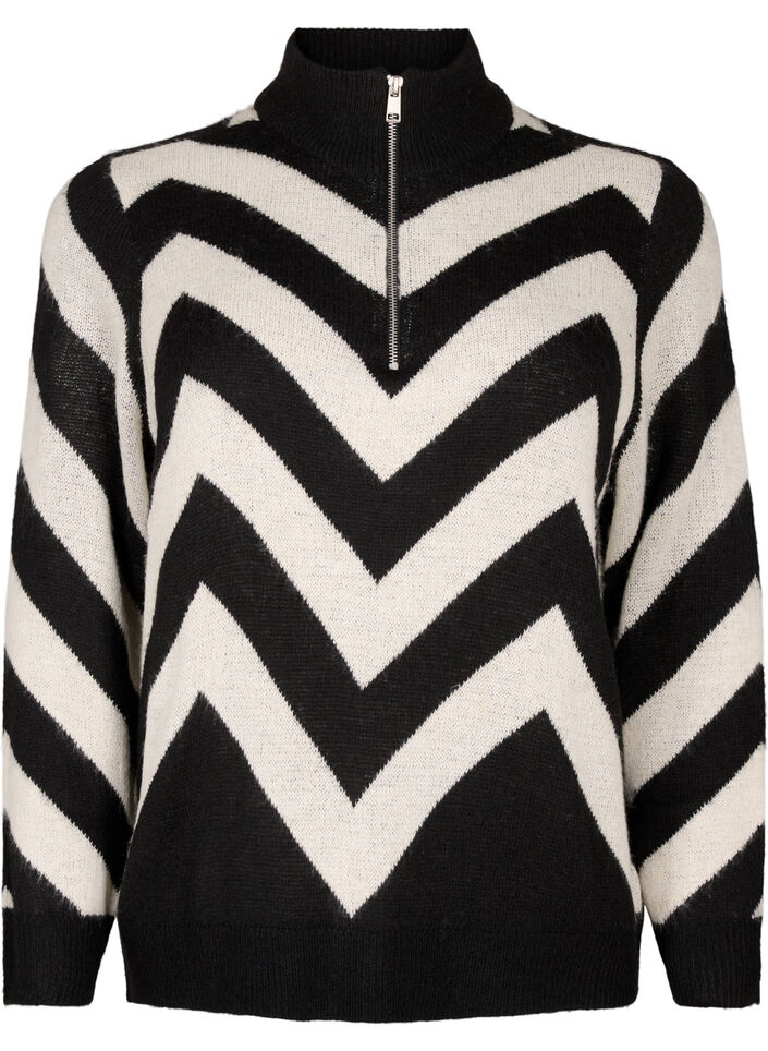 Hochgeschlossener Strickpullover mit Reißverschluss, Black Birch Stripe, Packshot image number 0