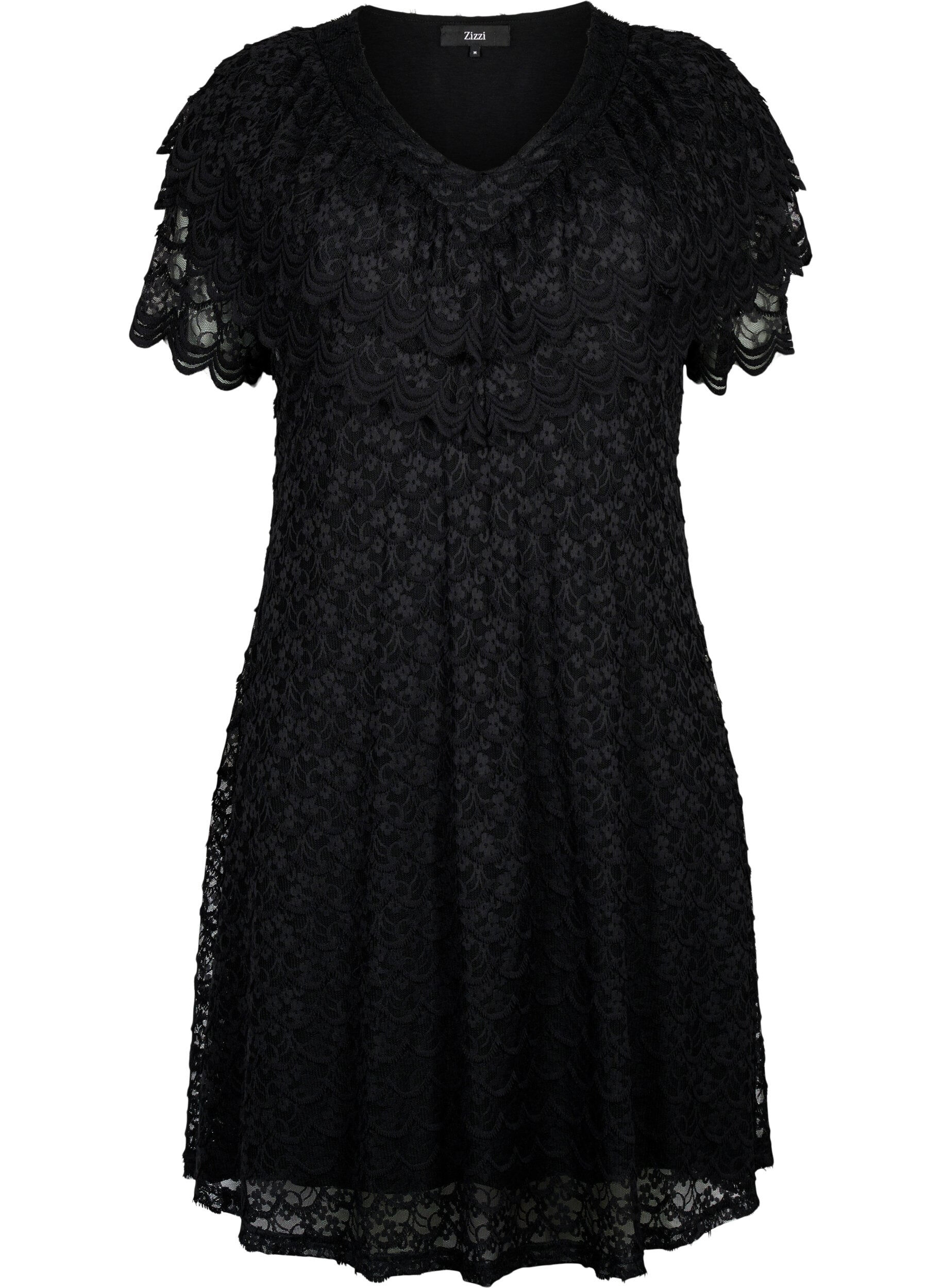 ZizziKurz&auml;rmeliges Kleid aus Spitze mit breiten R&uuml;schen, Black, Packshot image number 0