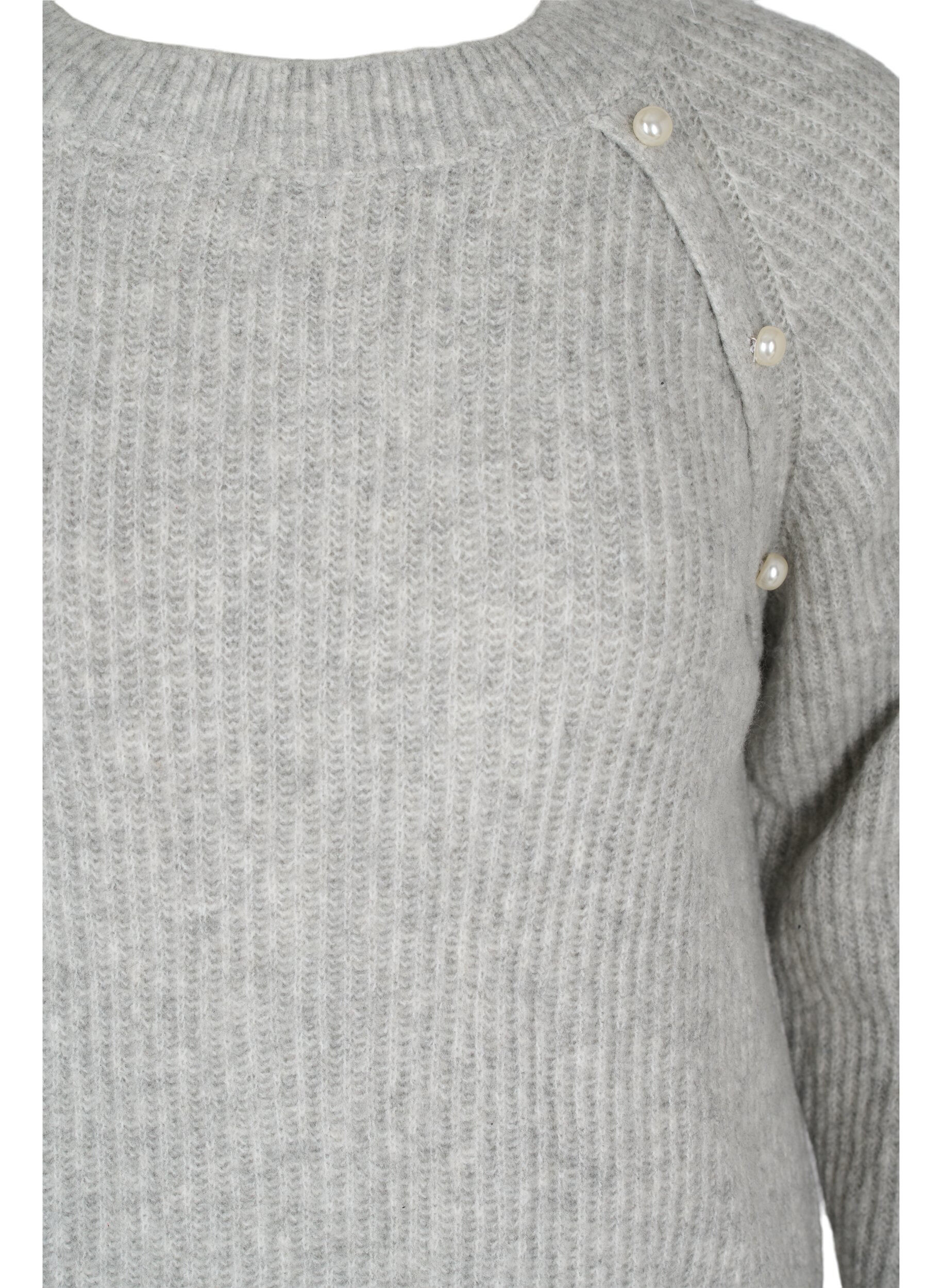 ZizziMelierter Strickpulli mit Perlenkn&ouml;pfen, Light Grey Melange, Packshot image number 2