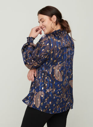 Bluse mit Print, hohem Kragen und Smock, Paisley Foil, Model image number 1