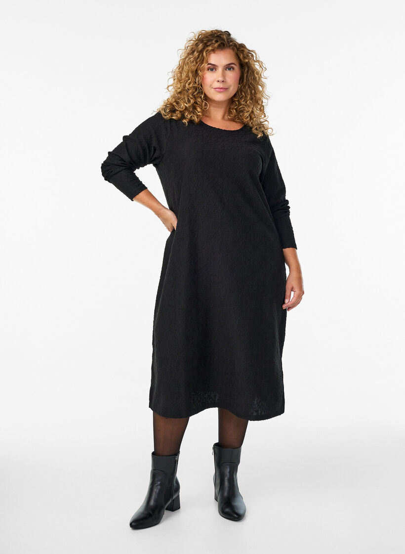 Geblümtes, strukturiertes Kleid mit langen Ärmeln, Schwarz, Model image number 0