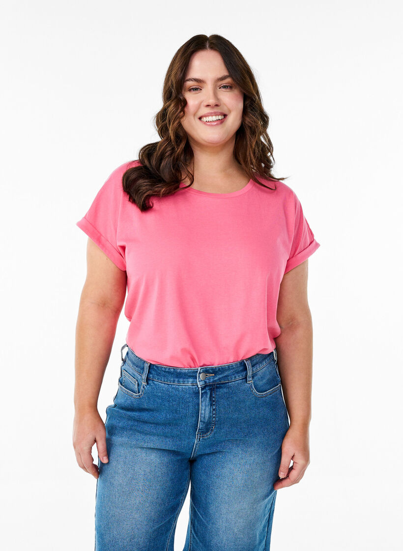 Kurz&auml;rmliges T-Shirt aus einer Baumwollmischung, Pink, Model image number 0