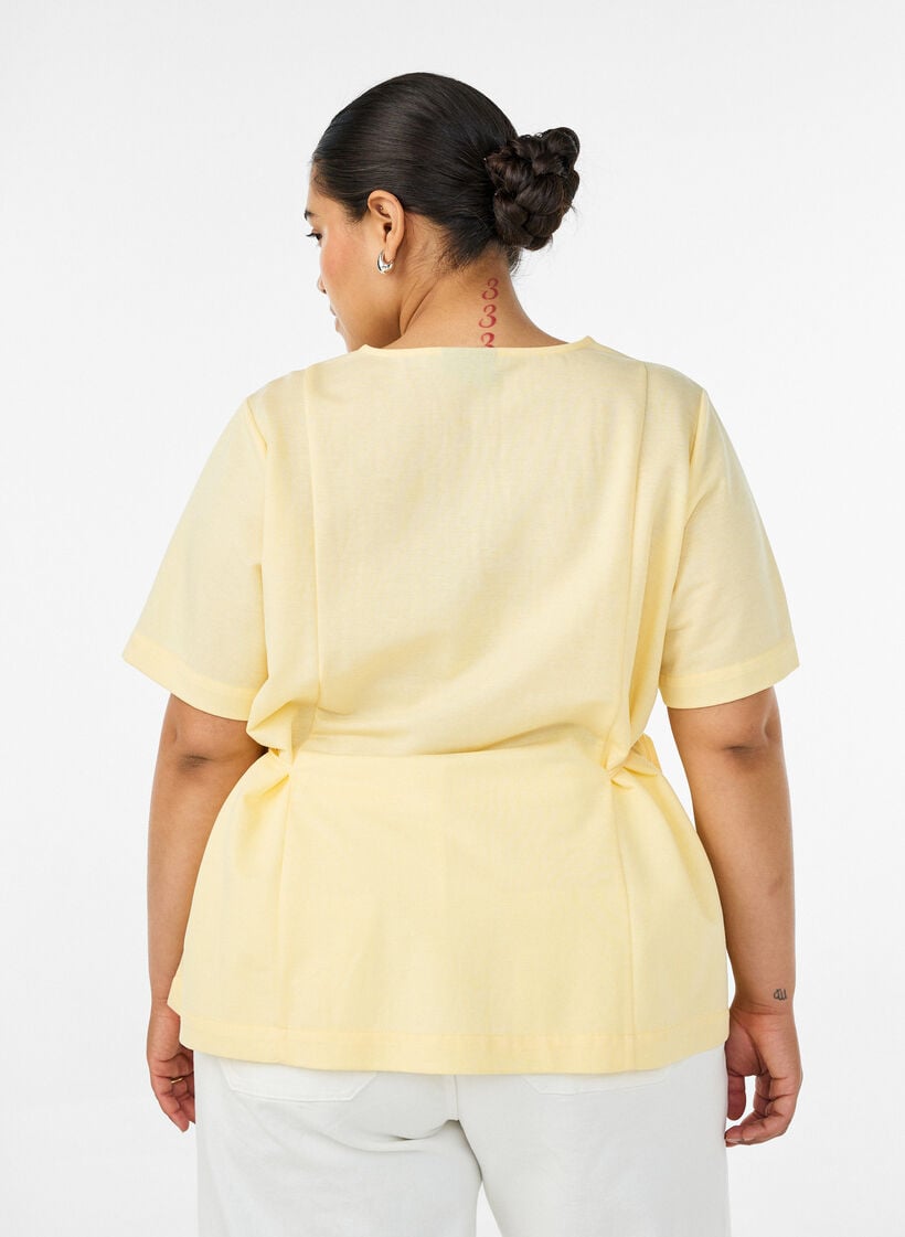 Bluse aus einer Baumwollmischung mit V-Ausschnitt und Bindeband, Gelb, Model image number 2