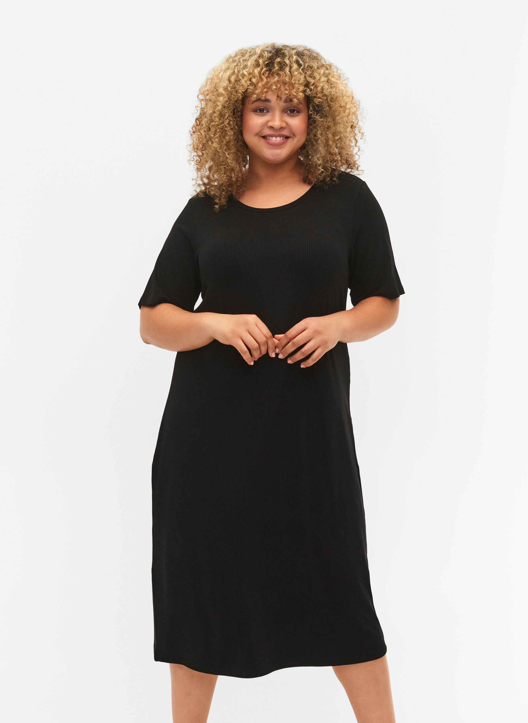 ZizziMidikleid aus Viskose und Ripp mit kurzen &Auml;rmeln, Black, Model image number 0