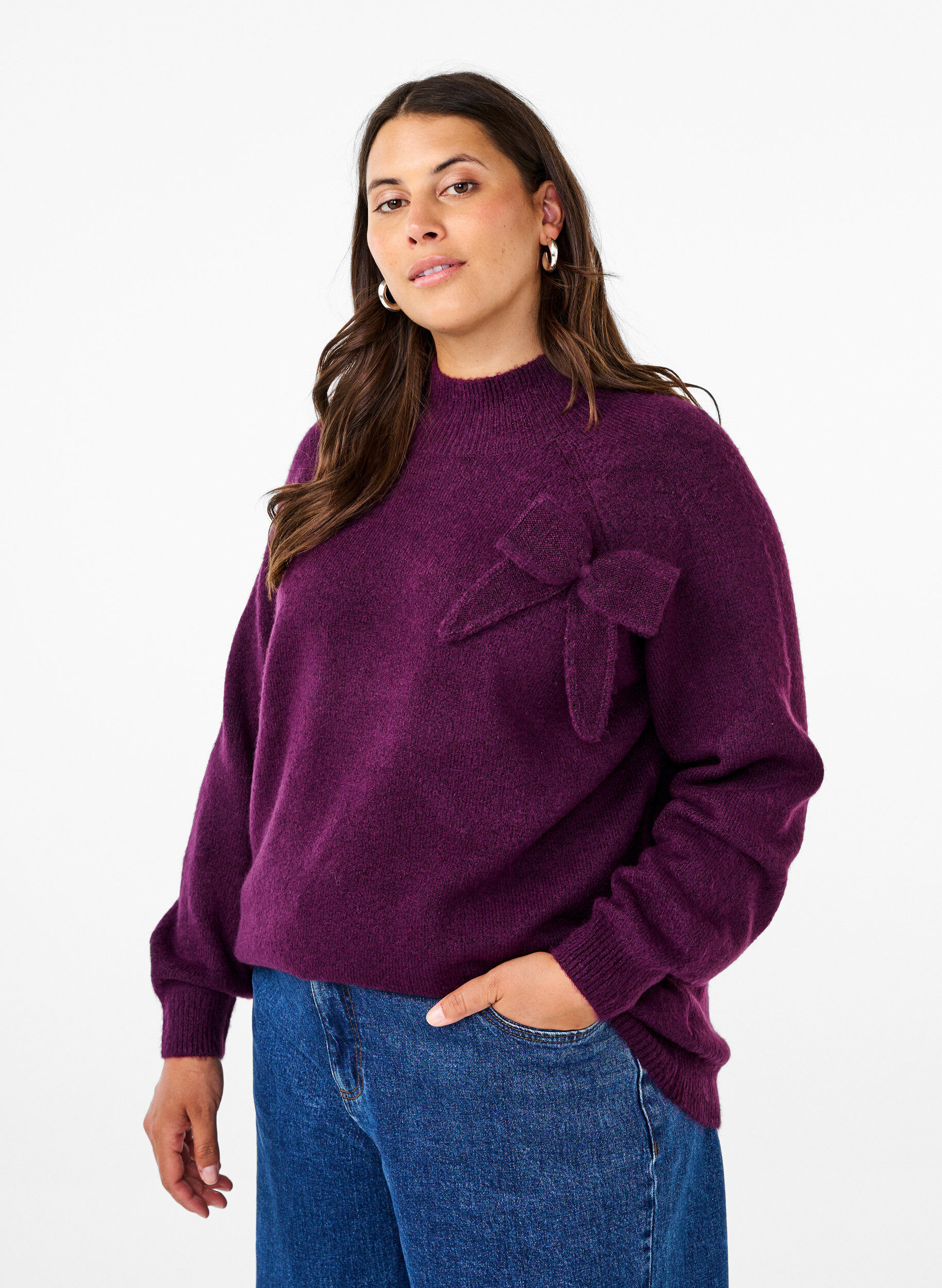 Zizzi Strickbluse mit Schleifen-Detail, Potent P. Black Mel., Model image number 0