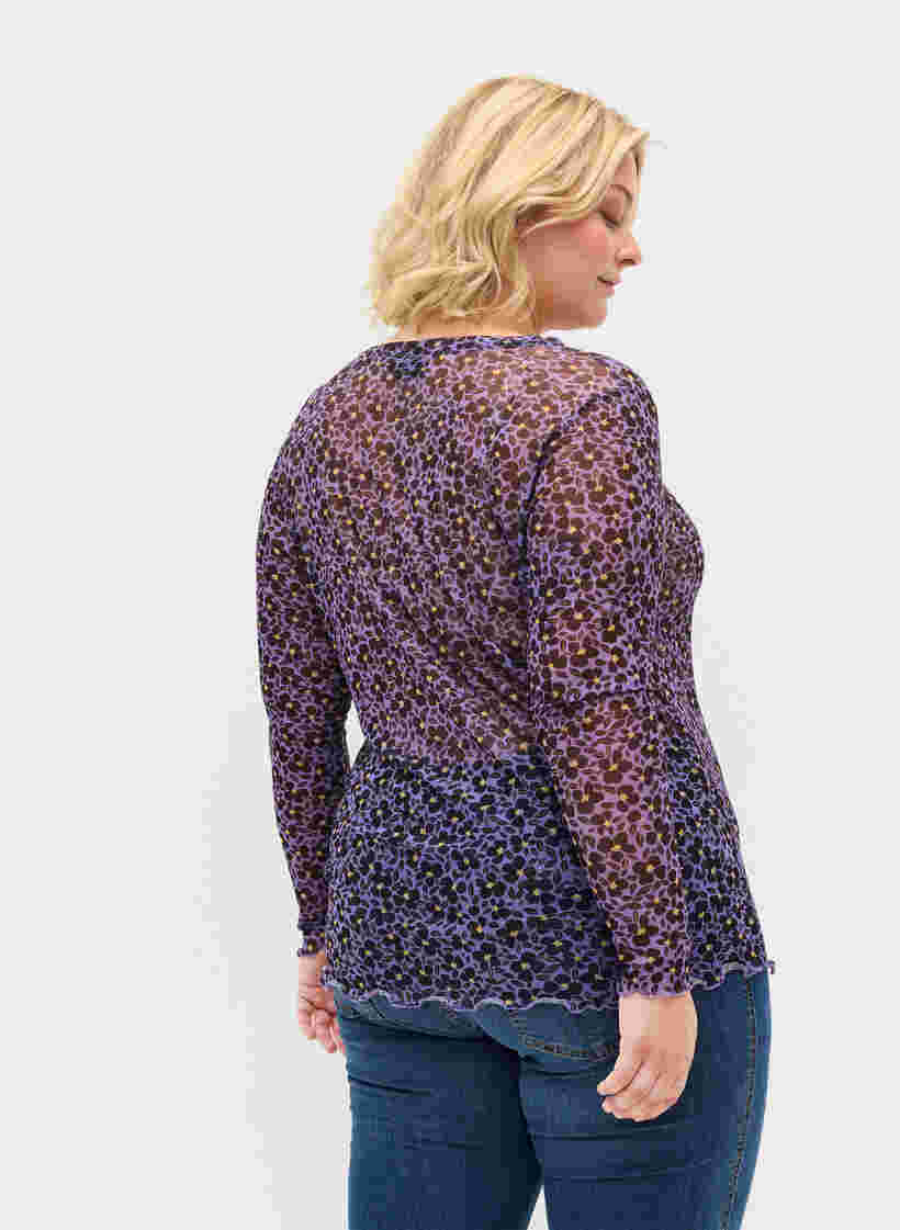 Enganliegende Mesh-Bluse mit Blumenmuster, Purple AOP, Model image number 1