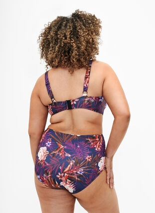 Bikini-Unterteil mit Streifen und hoher Taille, Purple Flower, Model image number 1