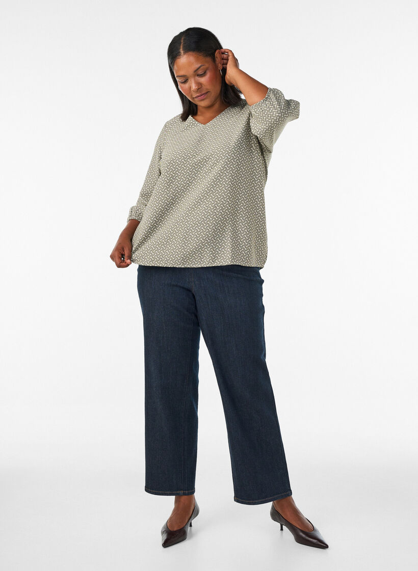 Gemusterte Bluse aus Viskose mit 3/4-&Auml;rmeln, Gr&uuml;n, Model image number 1