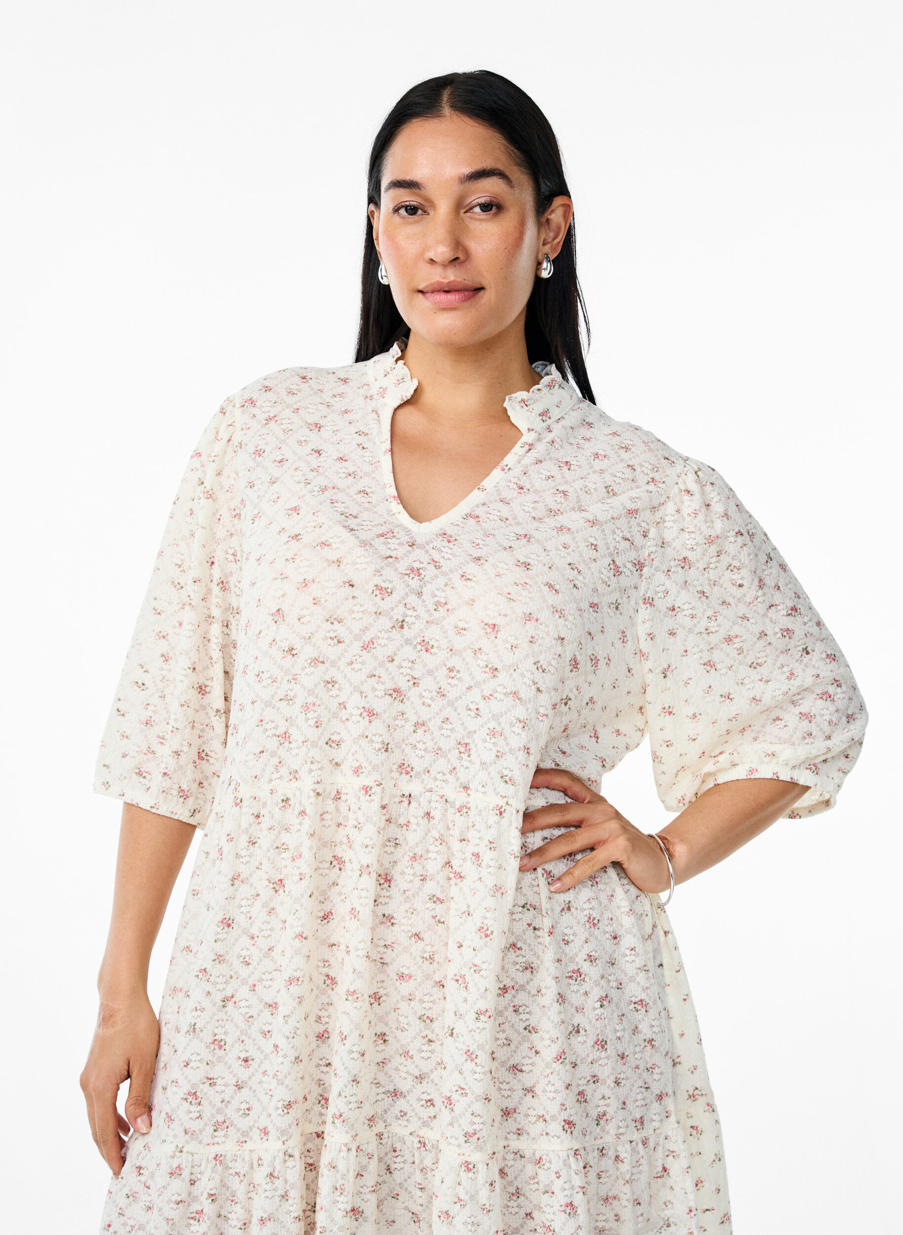 ZizziKurzes Kleid in A-Linie mit 1/2 &Auml;rmeln, Wei&szlig;, Model image number 2