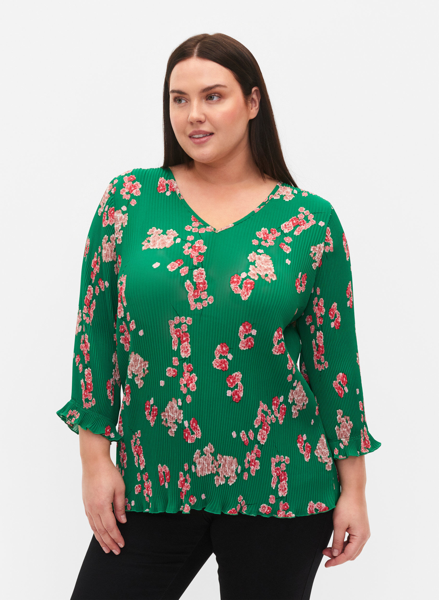 ZizziPlissierte Bluse mit 3/4-&Auml;rmeln, Jolly Green Flower, Model image number 0