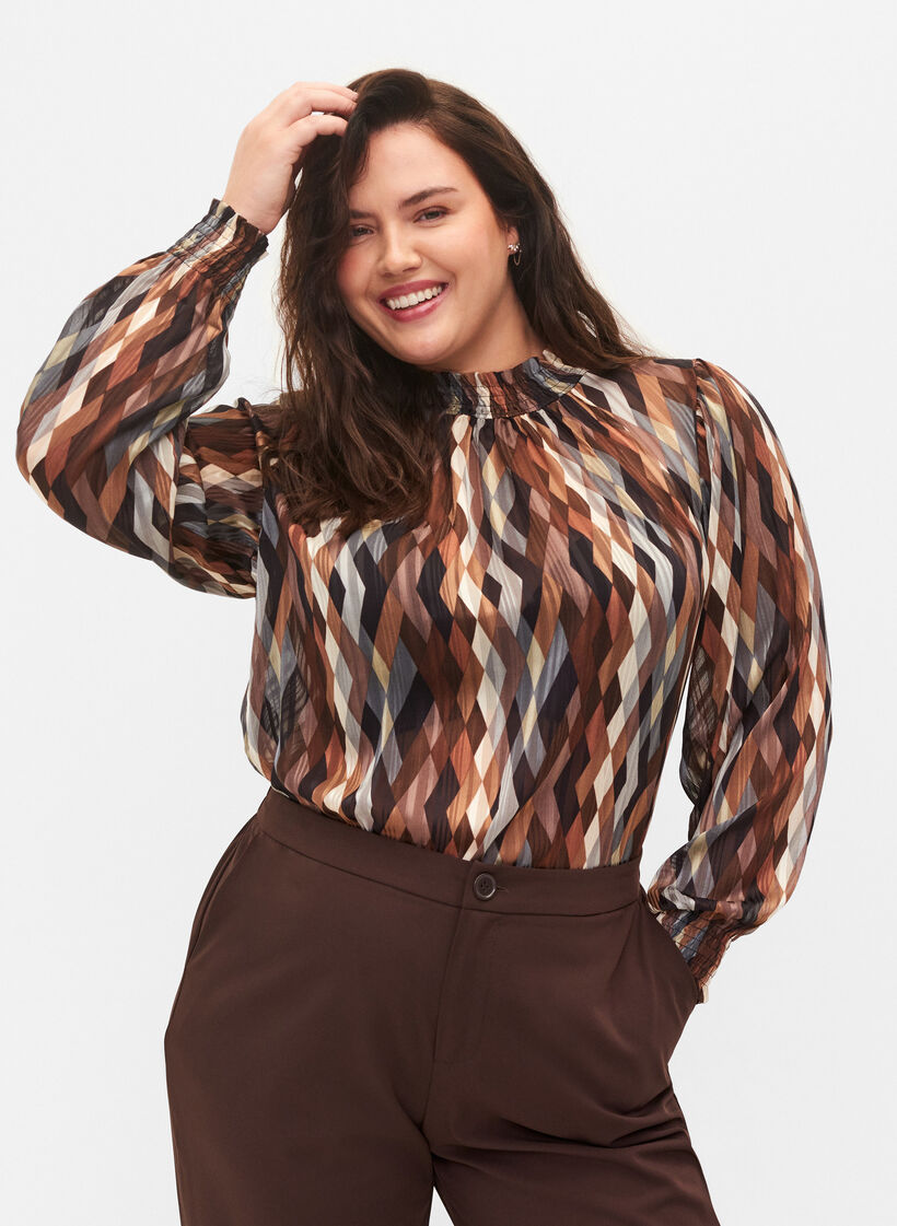 Bedruckte Bluse mit Smock, Earthy Zig Zag, Model image number 0