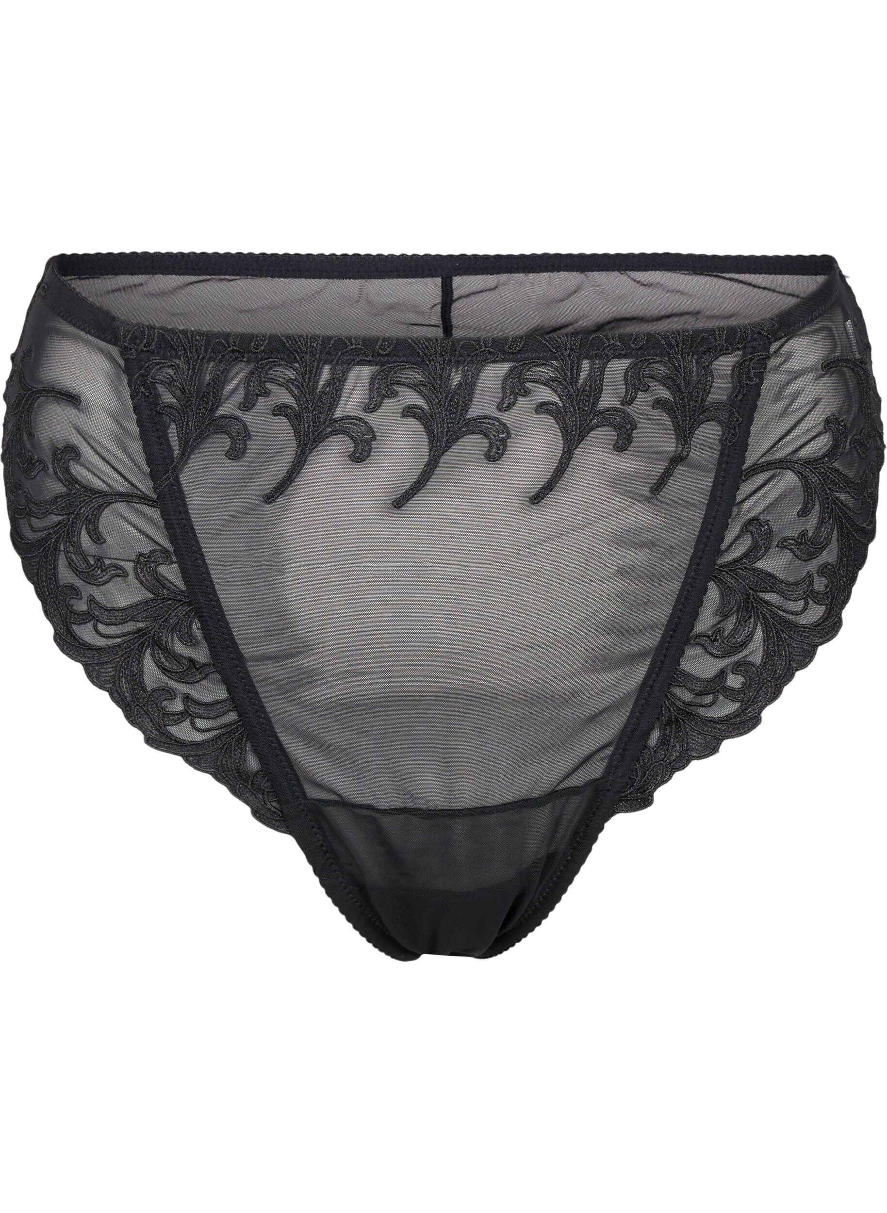 ZizziMesh-Tanga mit Stickereidetails, Schwarz, Packshot image number 0