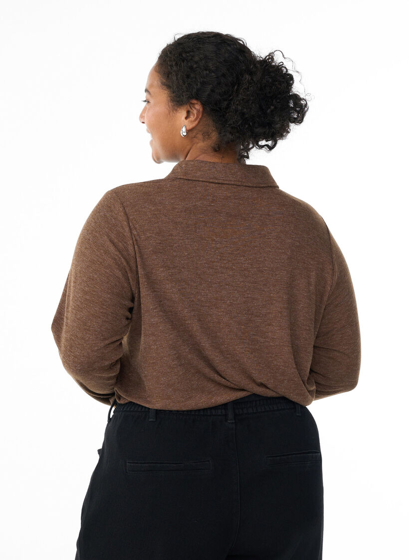 Langärmliges Poloshirt aus dehnbarem Rippmaterial, Braun, Model image number 2