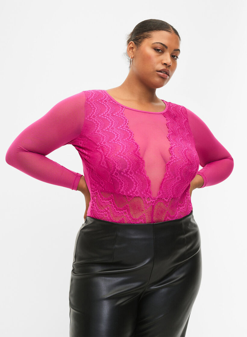 Bodystocking mit Spitze und Mesh, Fuchsia Red, Model image number 0