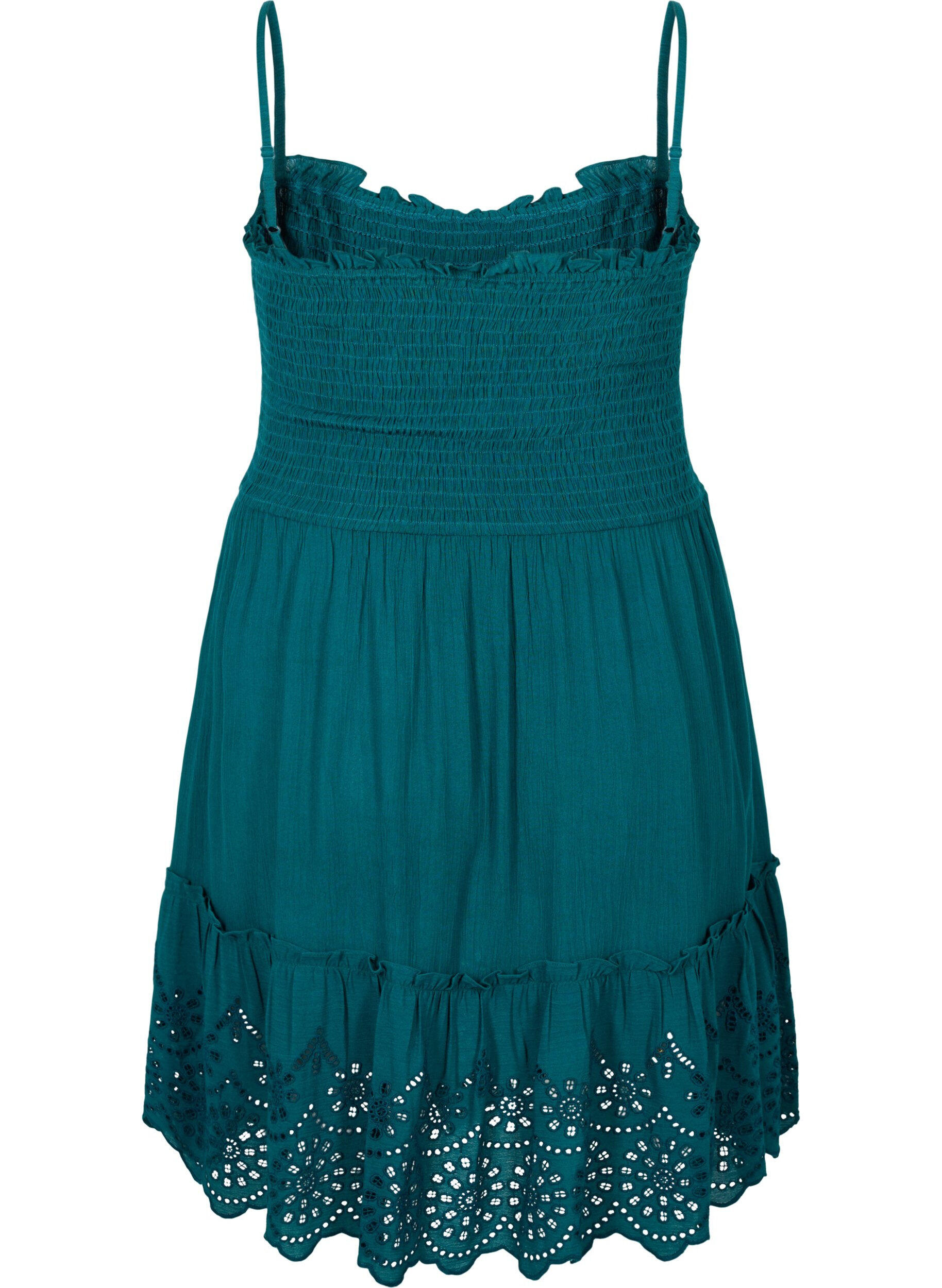 ZizziViskose Strandkleid mit Smock und Lochstickerei, Deep Teal, Packshot image number 1
