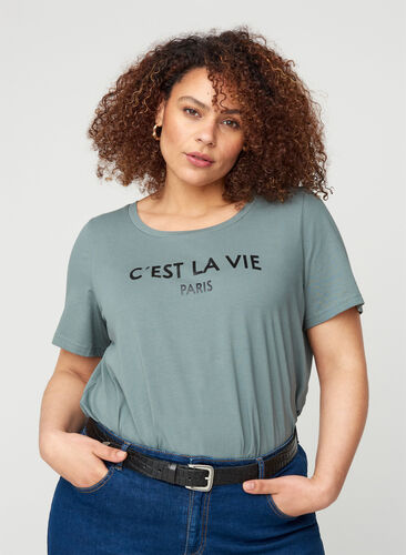 Kurzarm T-Shirt aus Baumwolle mit Aufdruck, Balsam Green PARIS, Model image number 0