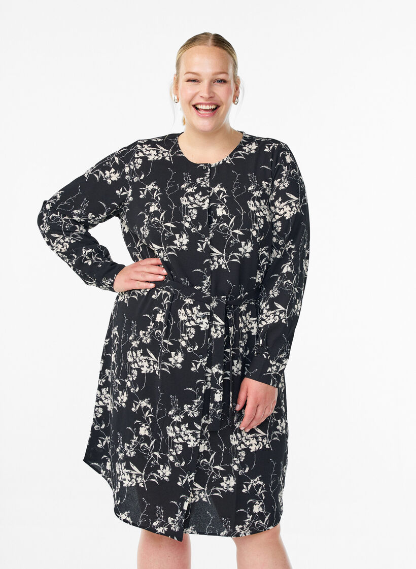 Langärmliges Hemdblusenkleid mit Bindegürtel, Schwarz, Model image number 0