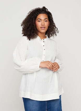 Langarm Bluse aus Baumwolle, Bright White, Model image number 0