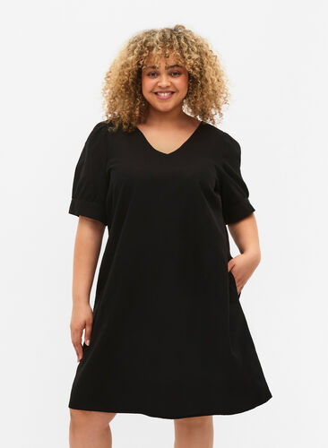 V-Ausschnitt-Kleid aus Baumwollmischung mit Leinen, Black, Model image number 0