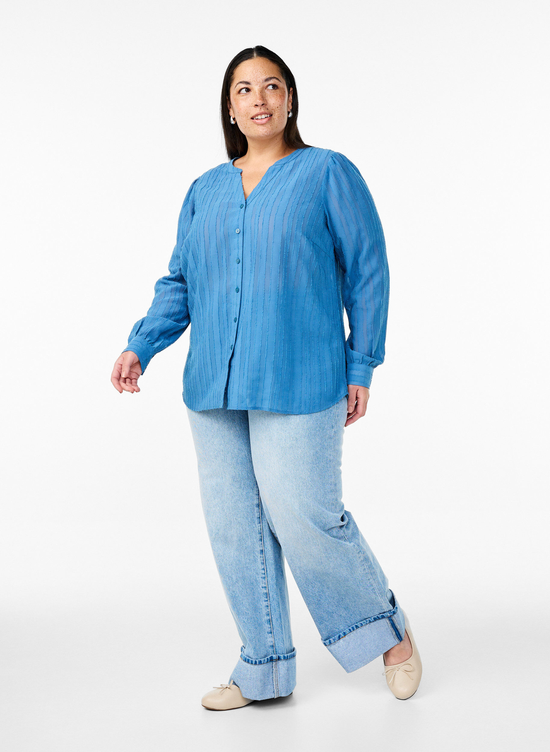 ZizziStreifenbluse mit transparenten Streifen, Blau, Model image number 1