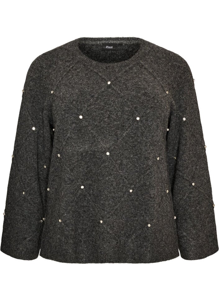 Bluse aus Strick mit Strasssteinen und Rautenmuster, Grau, Packshot image number 0