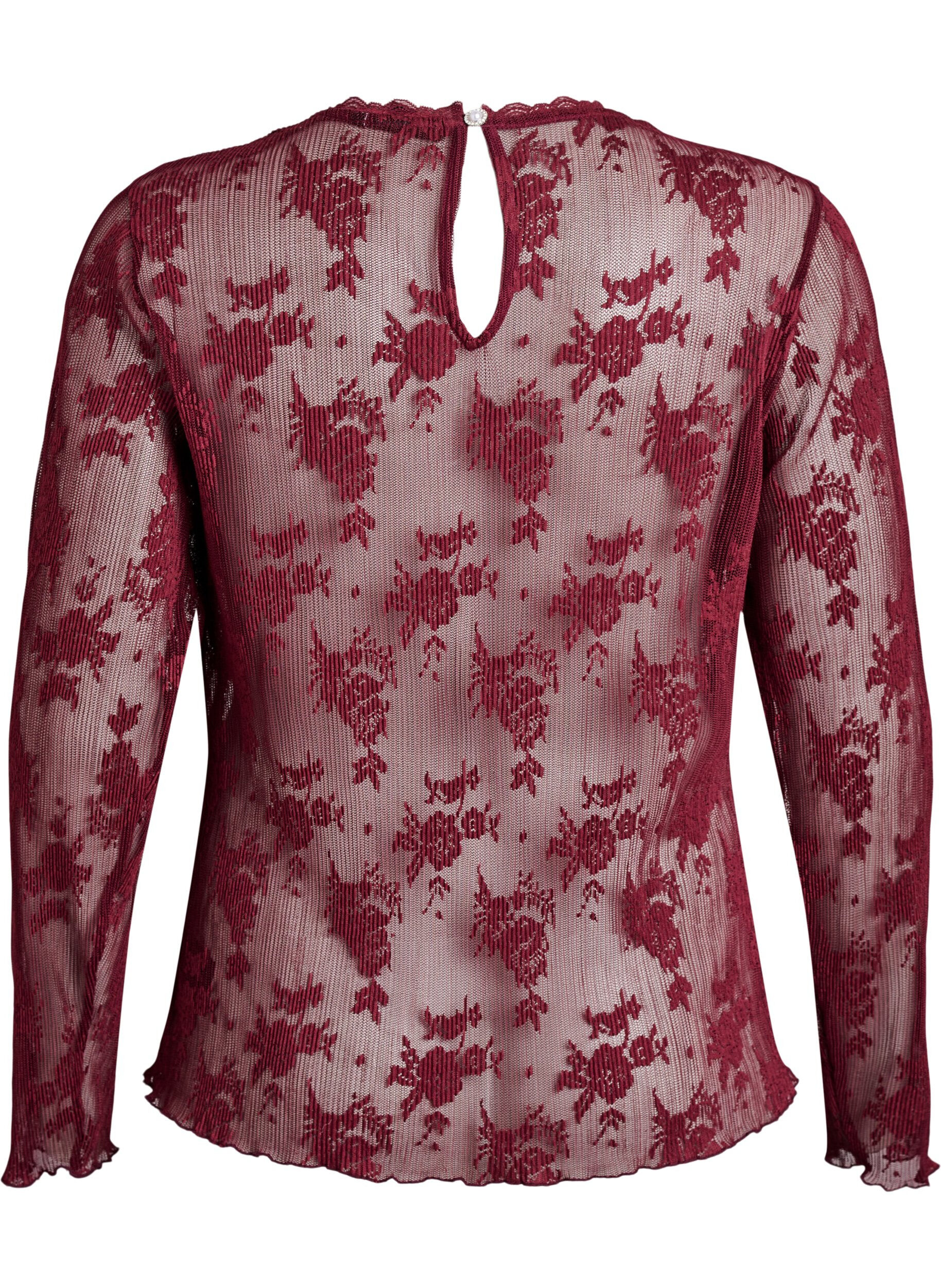 ZizziLang&auml;rmelige Bluse aus Mesh mit Spitzenmuster, Dunkles Bordeaux, Packshot image number 1