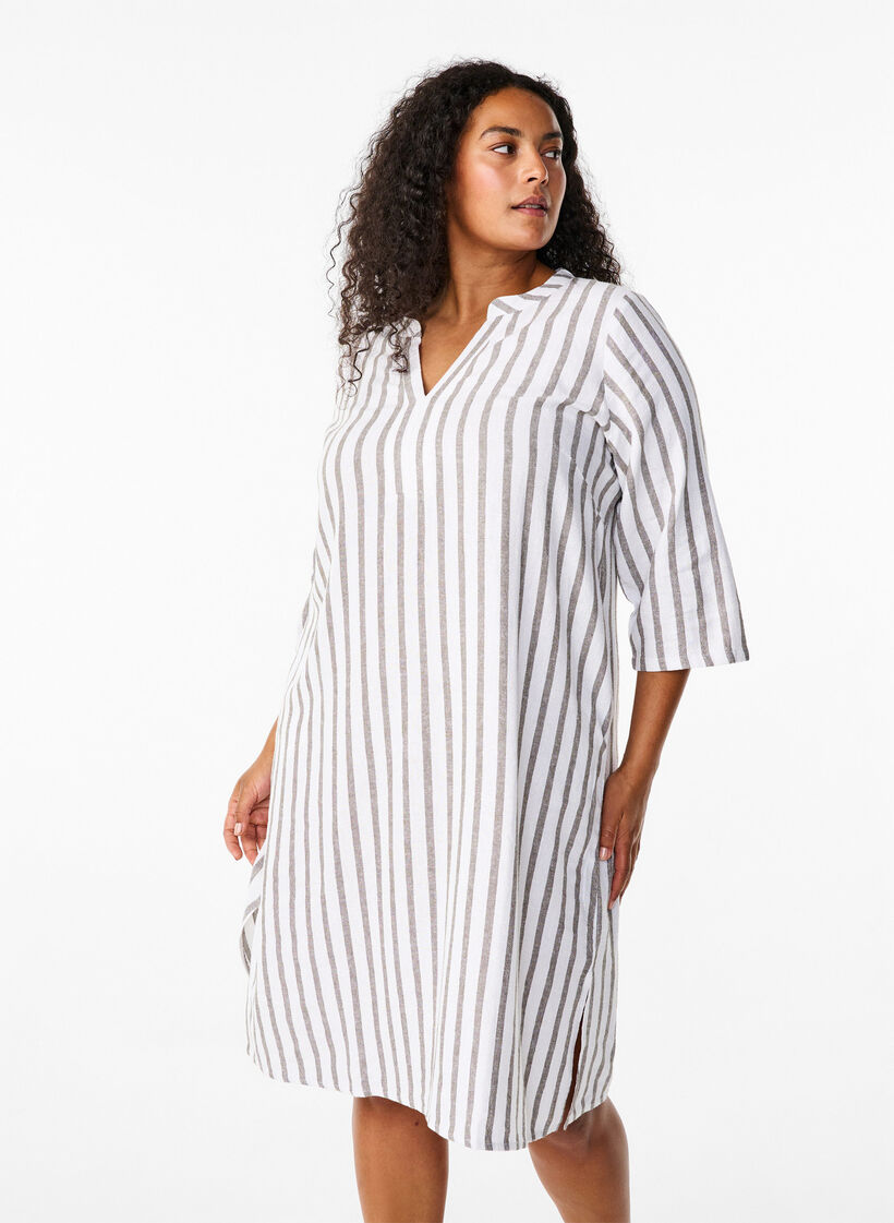 Gestreiftes Tunika-Kleid aus Leinen-Viskose-Mix, White Stripe, Model image number 0