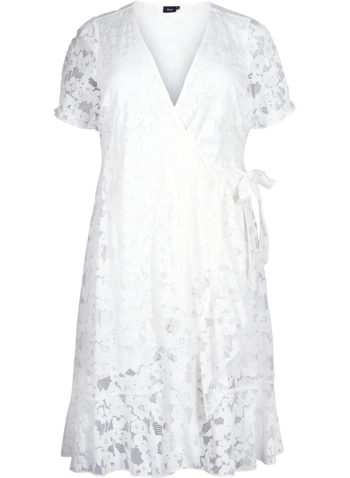 Wickelkleid mit Spitze und kurzen Ärmeln, Bright White, Packshot image number 0