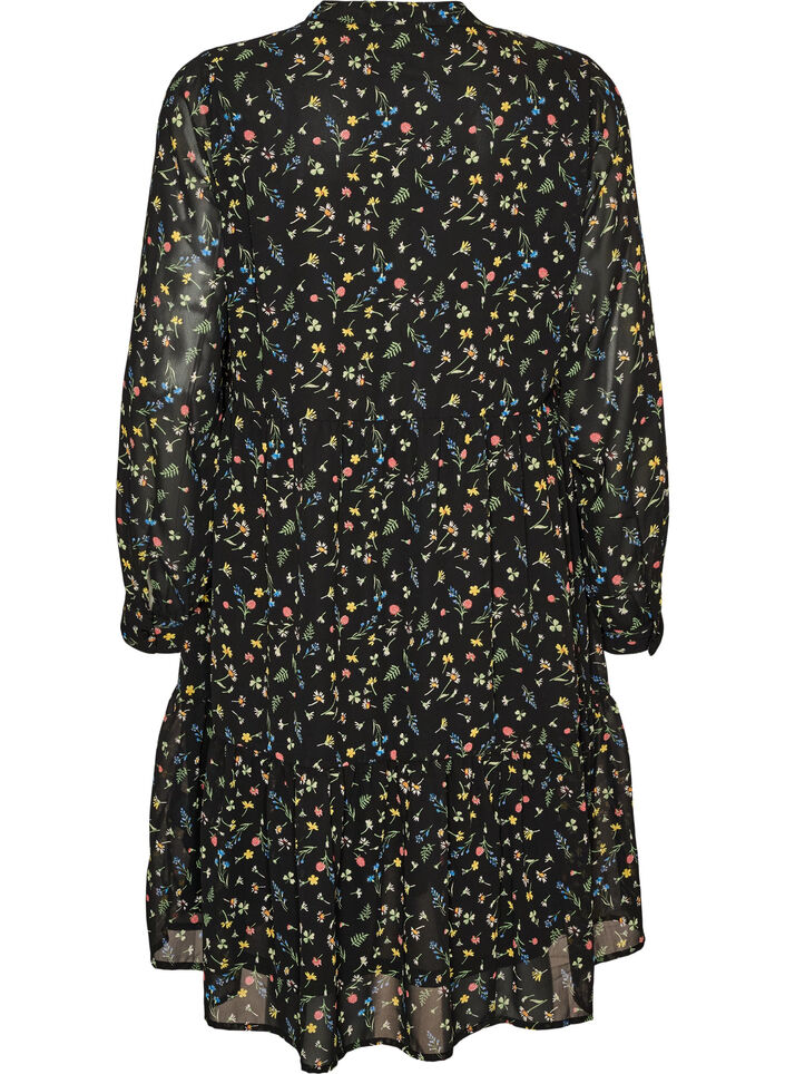 Kleid mit Allover-Muster und einer Volantlage, Schwarz, Packshot image number 1