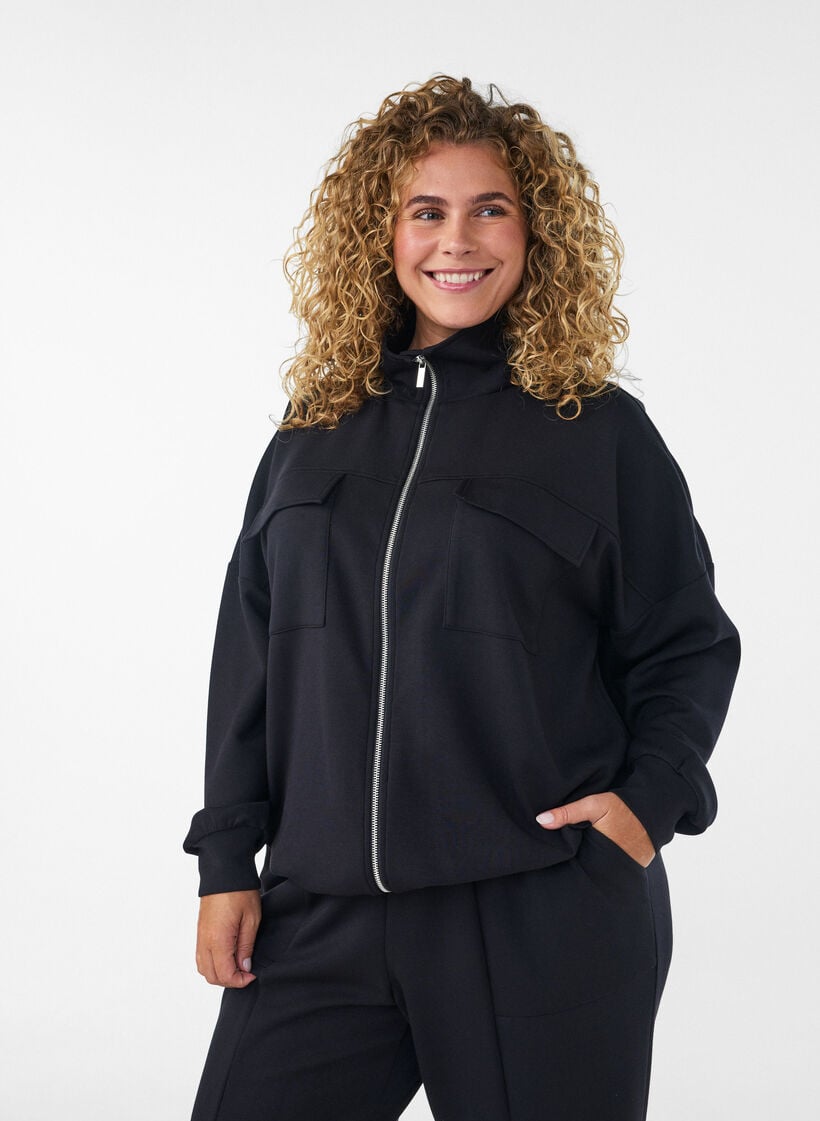 Cardigan aus Jersey mit Rei&szlig;verschluss und hohem Kragen, Schwarz, Model image number 0