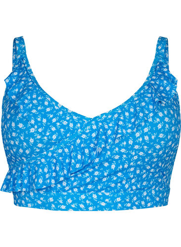 Bikini-Top mit Rüschendetails und Blumenprint, Blue Flower Print, Packshot image number 0