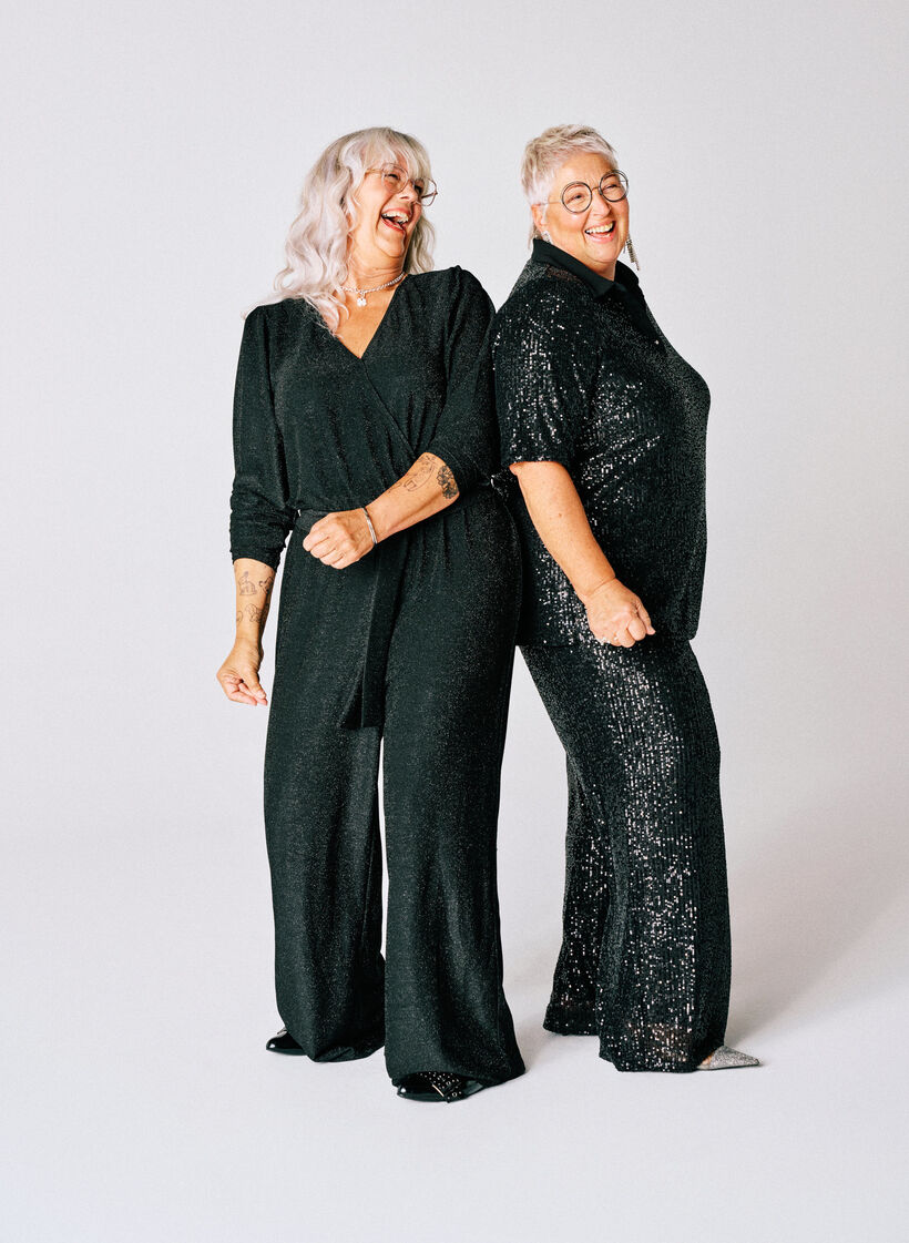 Paillettenbluse mit Polokragen und kurzen Ärmeln, Schwarz, Image image number 0