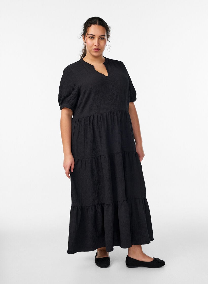 Kn&ouml;chellanges Kleid mit kurzen &Auml;rmeln und gestuften Volants, Schwarz, Model image number 0