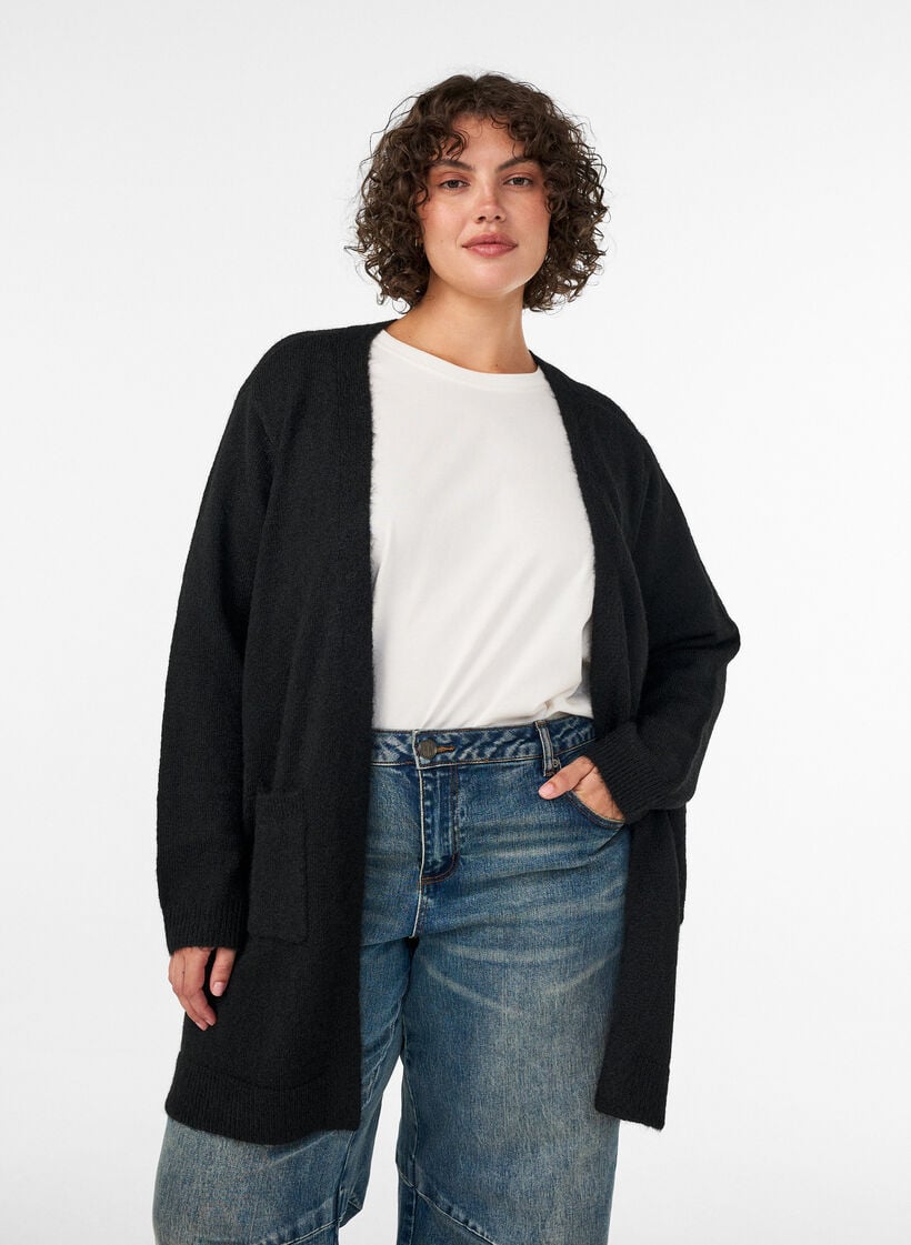 Lange Strickjacke mit Taschen, Schwarz, Model image number 0