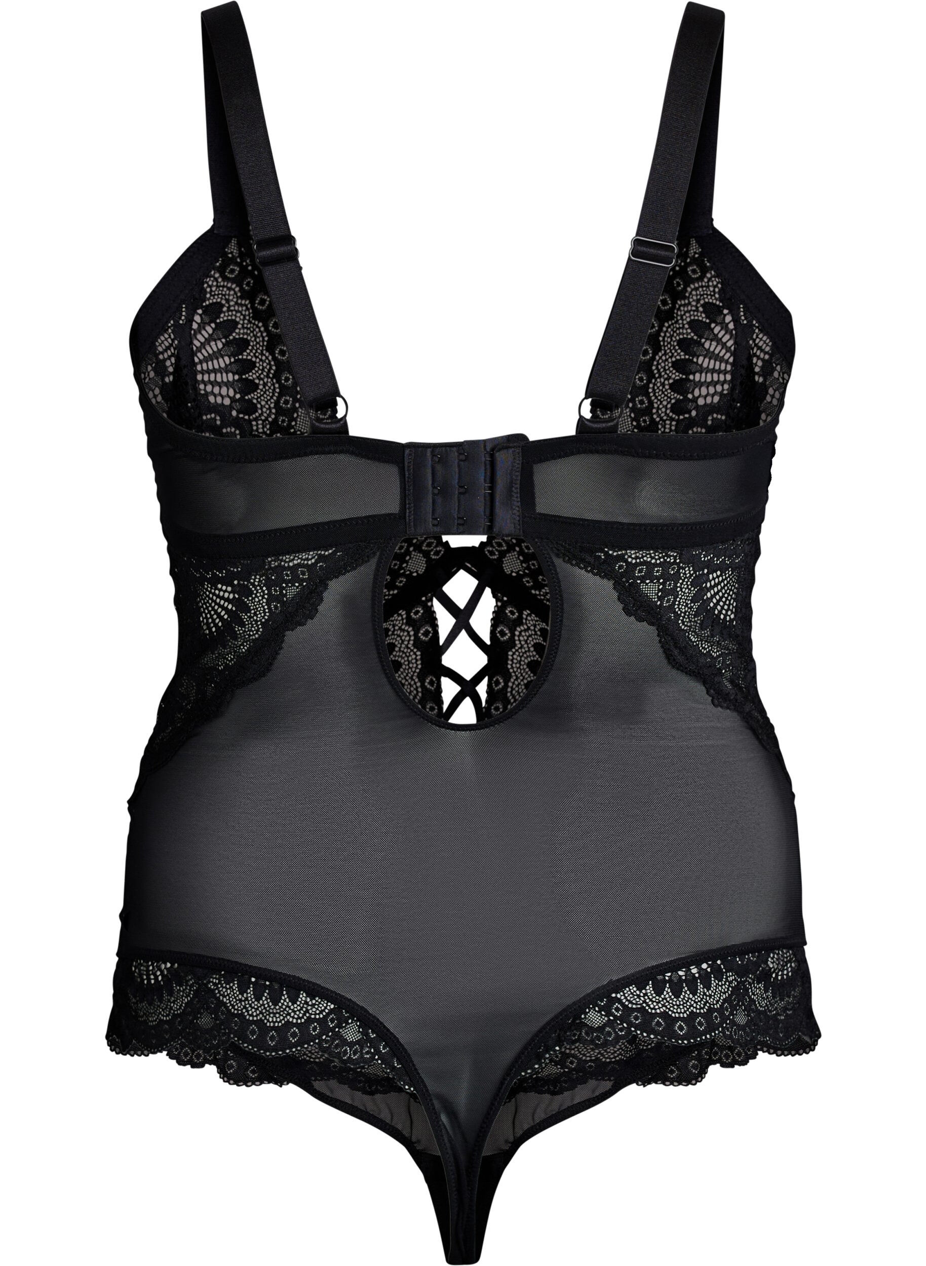 ZizziSpitzenbody mit Schn&uuml;rdetails, Schwarz, Packshot image number 1