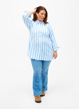 Langes Hemd aus Leinen und Baumwolle, Blue White Stripe, Model image number 2