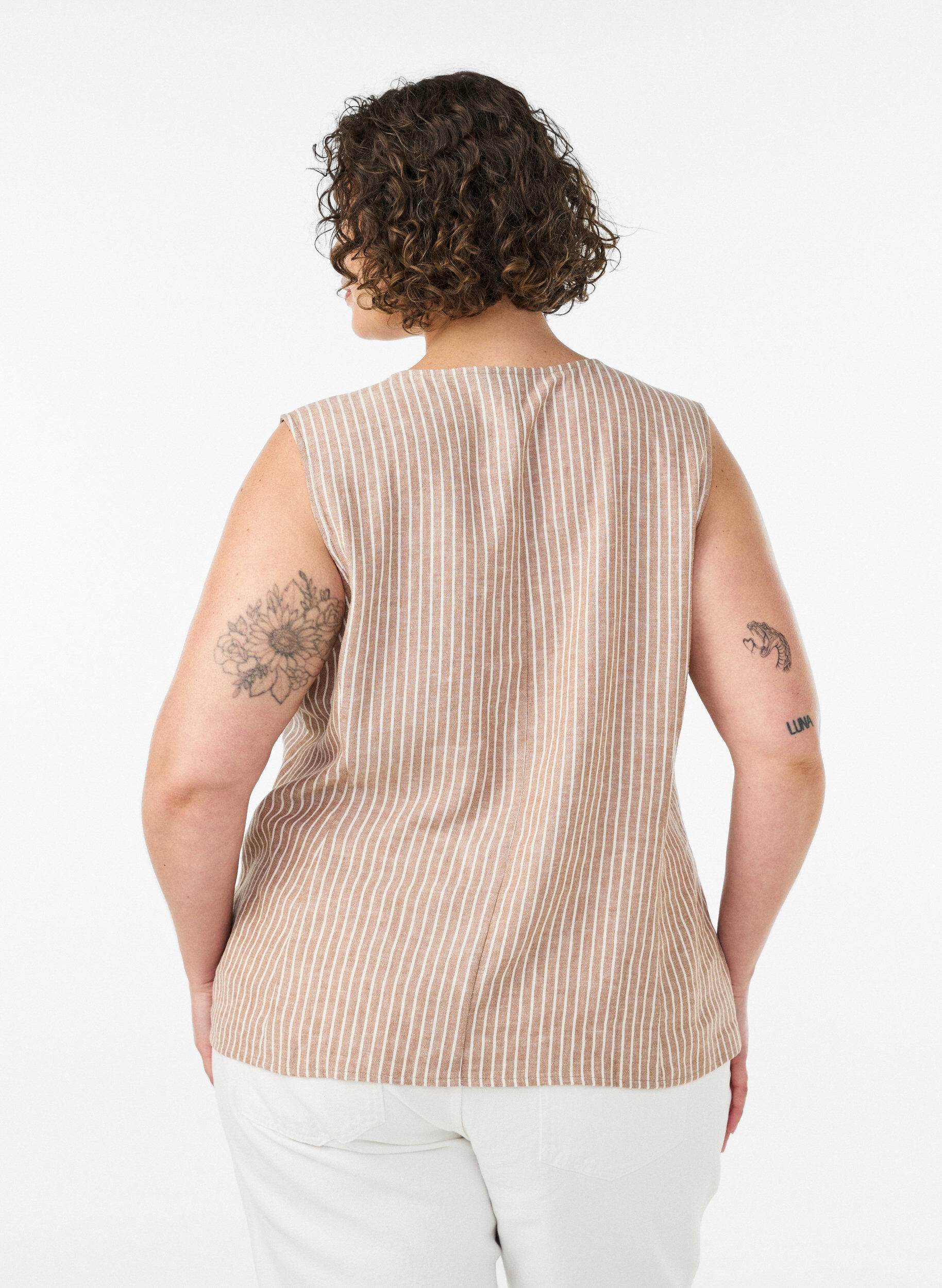 ZizziGestreifte Weste aus Leinen und Viskose, Beige, Model image number 2