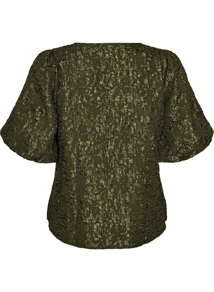 Jacquardbluse mit Puff&auml;rmeln und A-Linien-Form, Gr&uuml;n, Packshot image number 1