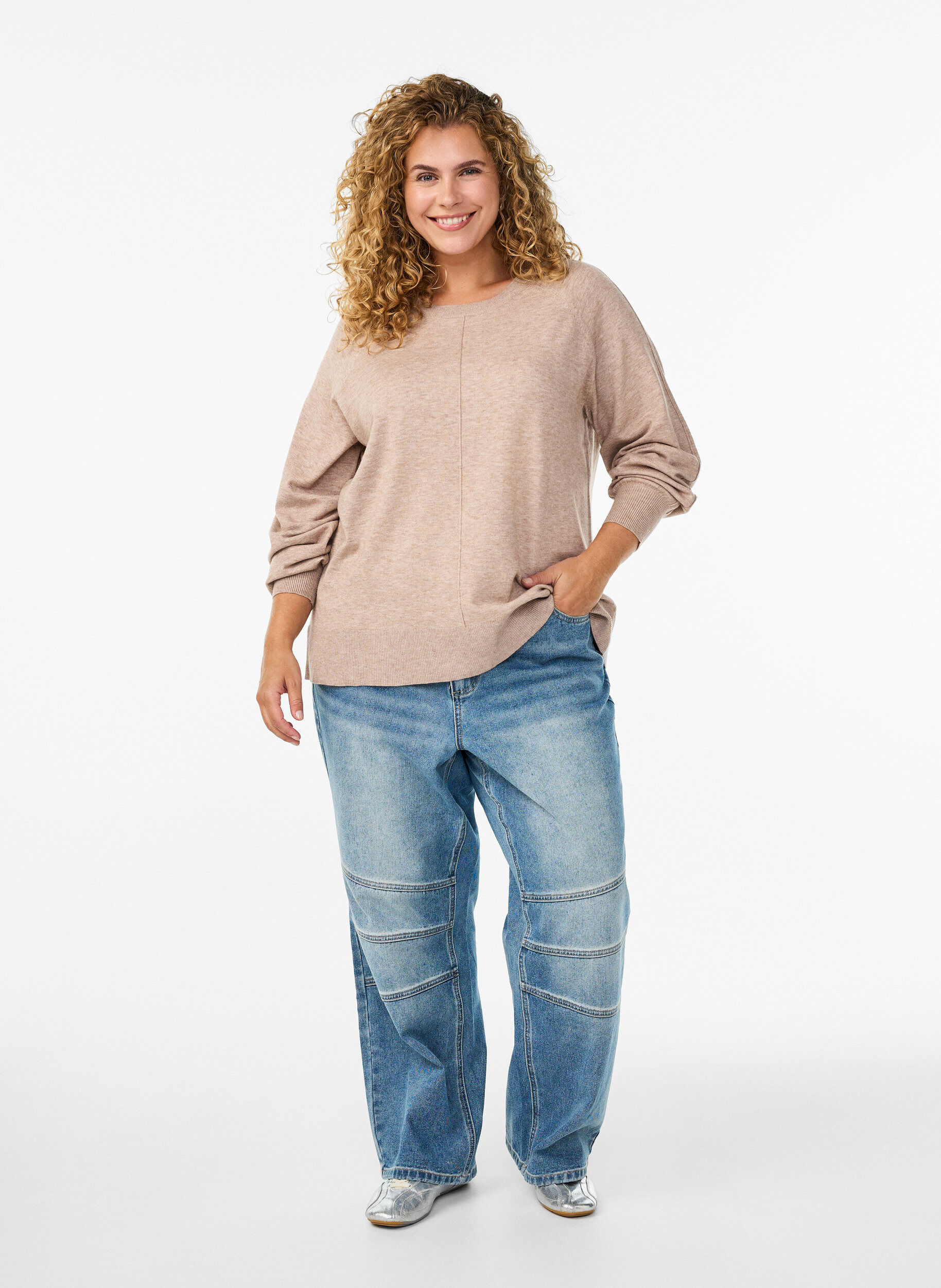 ZizziStrickbluse mit Mittelnaht und Raglan&auml;rmeln, Beige, Model image number 1