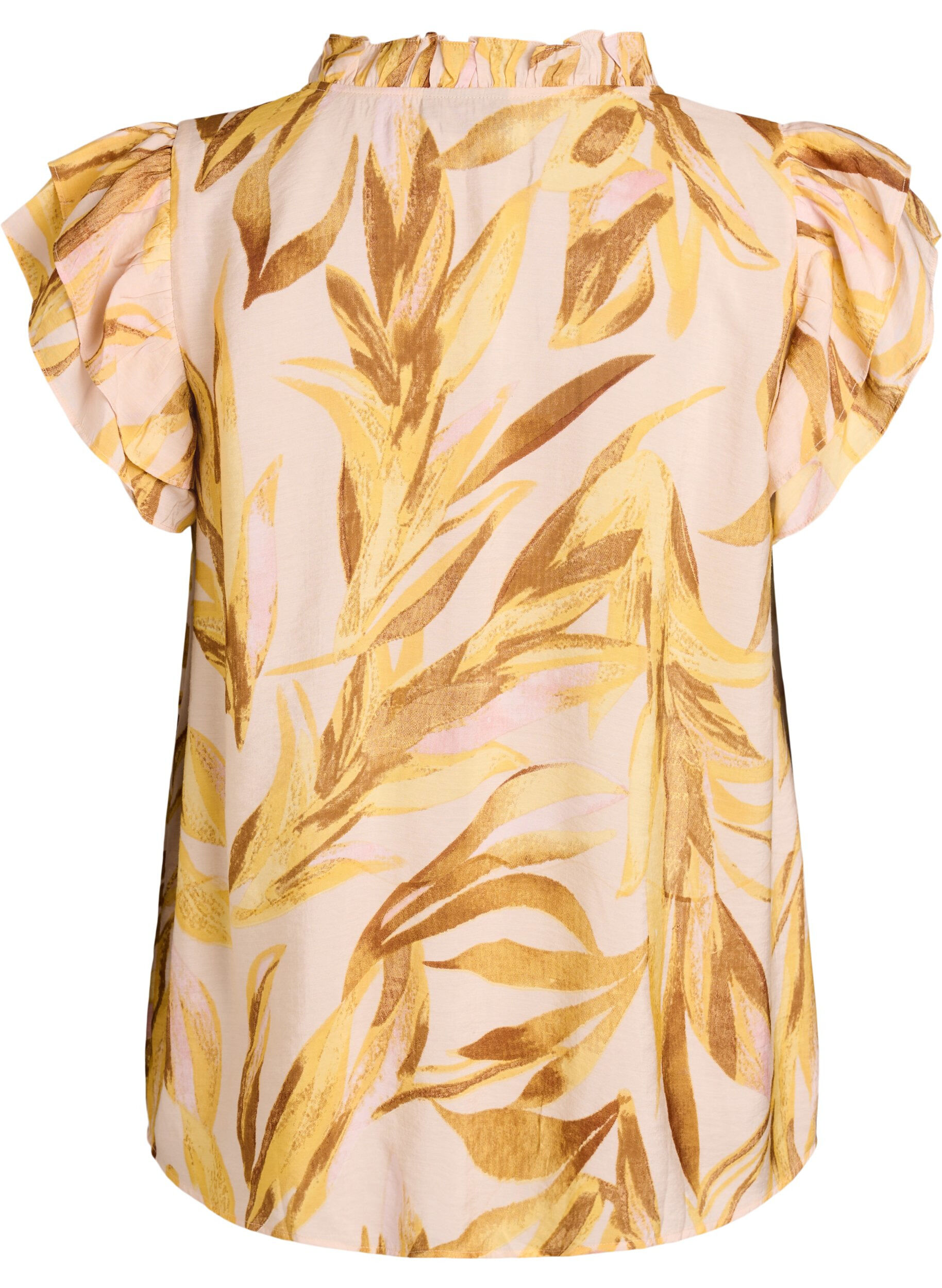 ZizziBluse aus Viskose mit Bl&auml;tterprint und R&uuml;schendetails, Gelb, Packshot image number 1