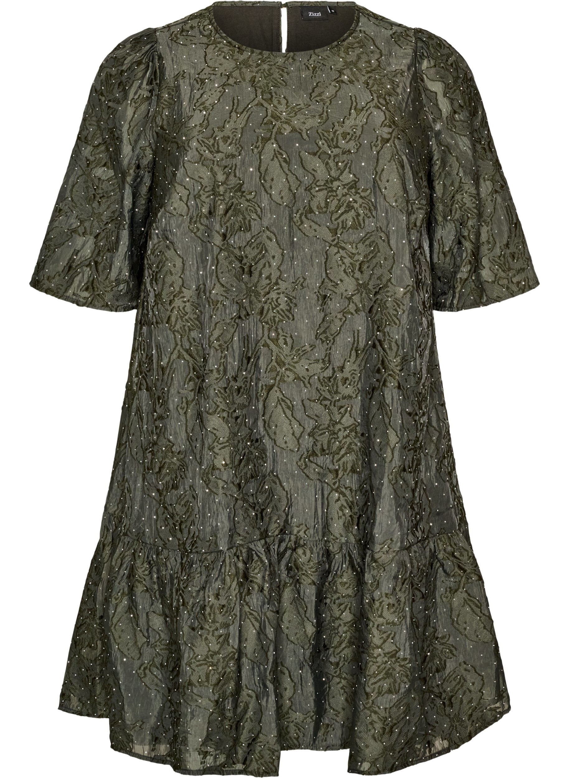 ZizziJacquardkleid mit funkelnden Details und Puff&auml;rmeln, Gr&uuml;n, Packshot image number 0