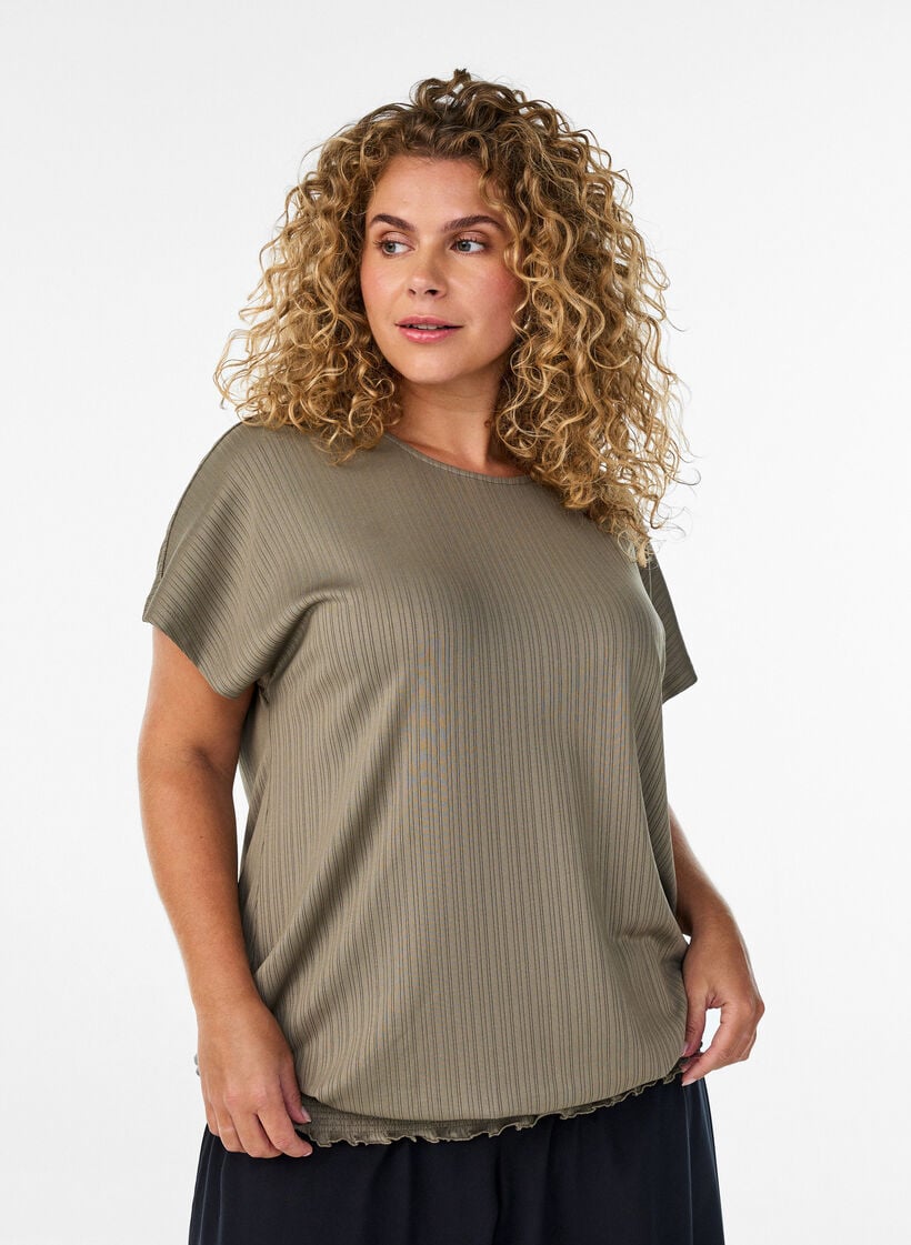 Jersey-Bluse mit strukturierten Streifen und Smocksaum, Braun, Model image number 0