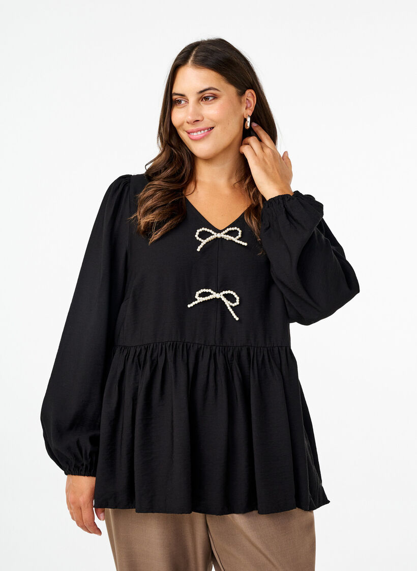 Bluse mit Perlenschleifen und langen Ärmeln, Black, Model image number 0