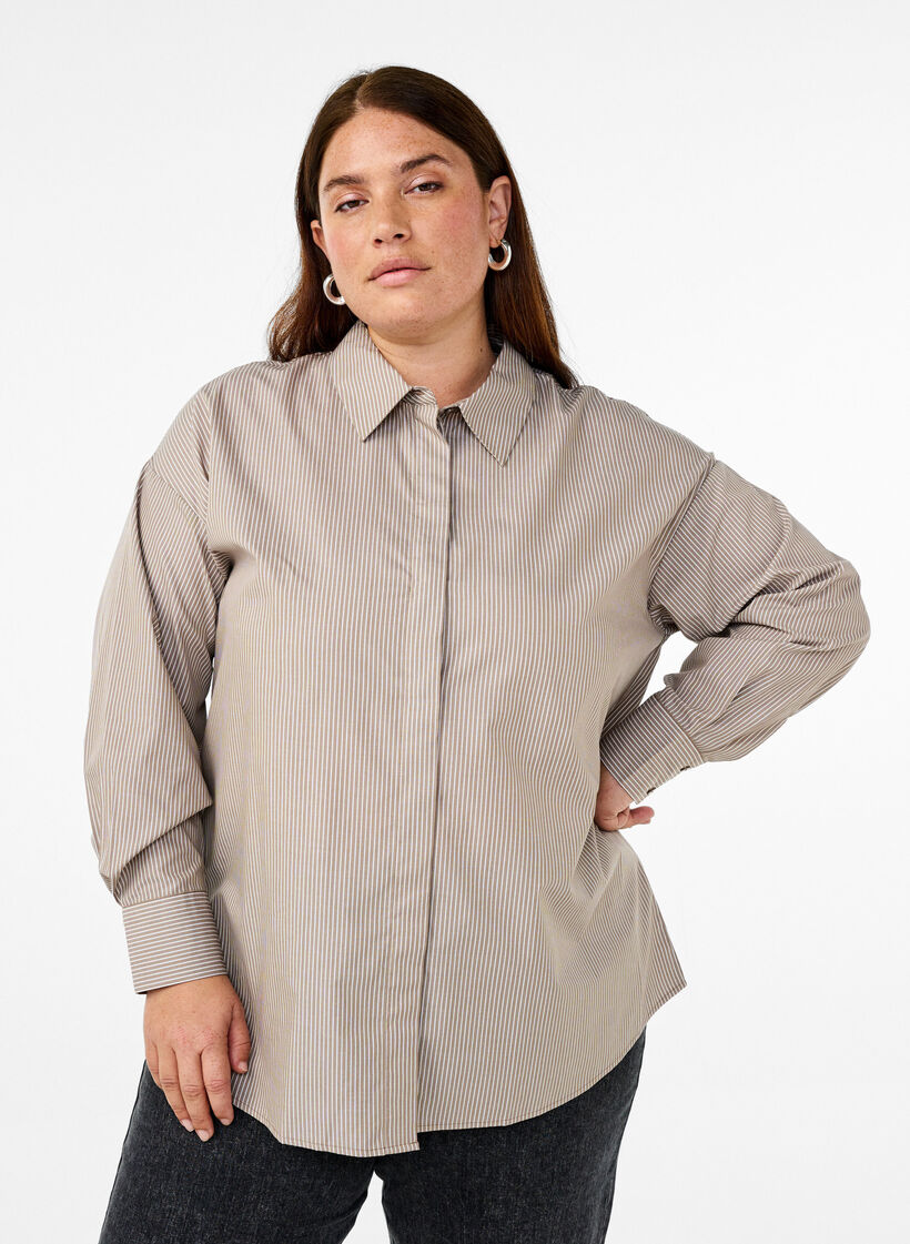 Lockeres langärmliges Hemd mit Streifen, Braun, Model image number 0