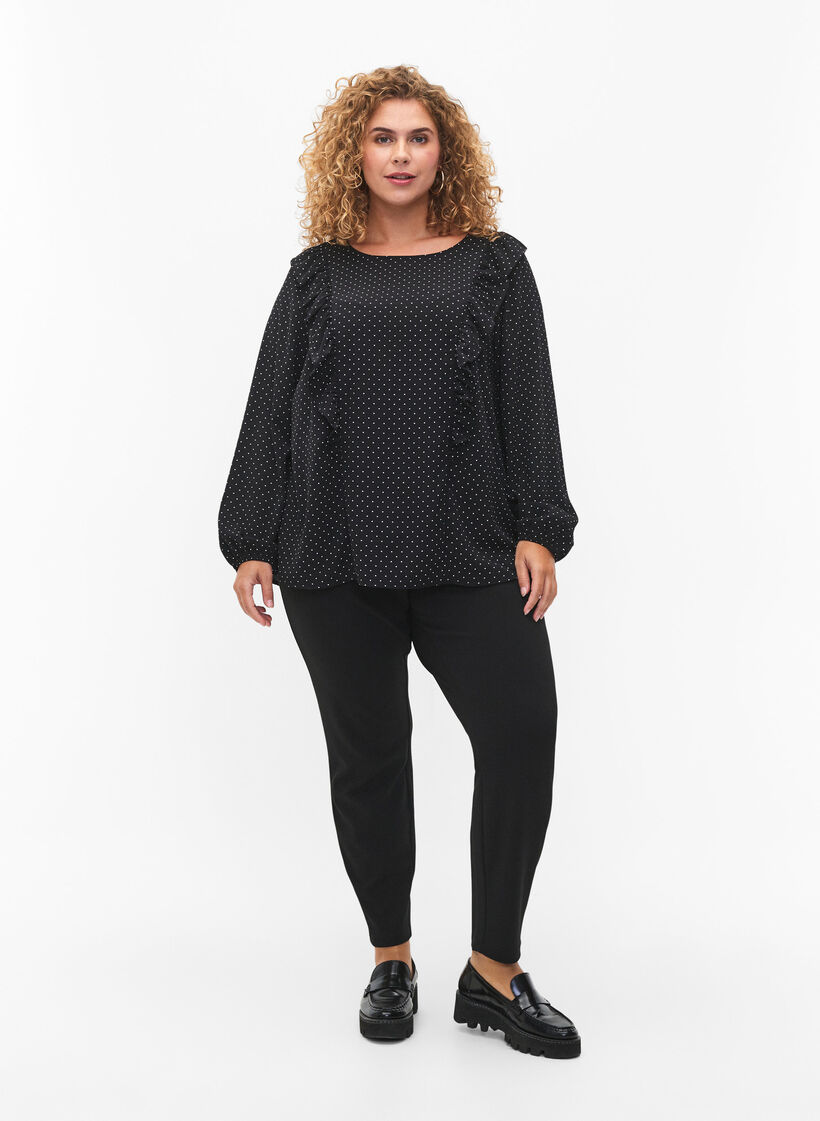 Langärmelige Bluse mit Rüschen, Black Dot, Model image number 2