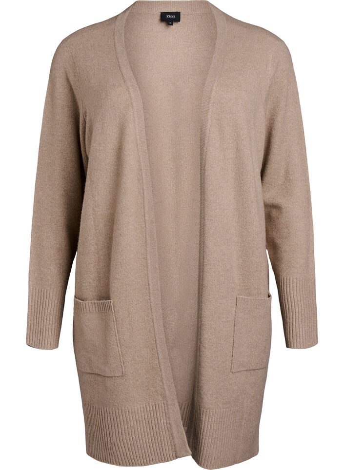 Strickjacke mit Rippenstrick und Taschen, Beige, Packshot image number 0